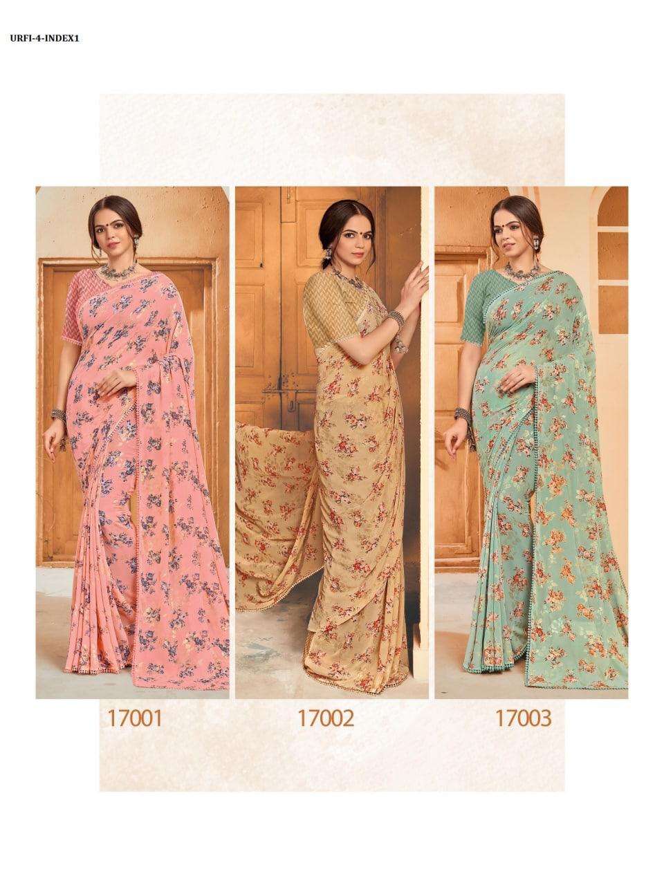 URAFI VOL-4 BY SHREE MATARAM 17001 TO 17006 SERIES INDIAN TRADITIONAL WEAR COLLECTION BEAUTIFUL STYLISH FANCY COLORFUL PARTY WEAR & OCCASIONAL WEAR GEORGETTE PRINTED SAREES AT WHOLESALE PRICE