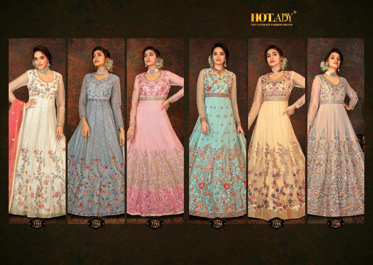 Safeena-22 By Hot Lady 7791 To 7796 Series Designer Anarklali Suits Collection Beautiful Stylish Fancy Colorful Party Wear & Occasional Wear Butterfly Net Embroidered Dresses At Wholesale Price