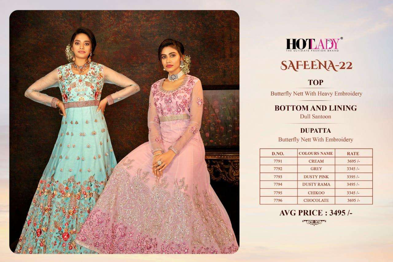 Safeena-22 By Hot Lady 7791 To 7796 Series Designer Anarklali Suits Collection Beautiful Stylish Fancy Colorful Party Wear & Occasional Wear Butterfly Net Embroidered Dresses At Wholesale Price