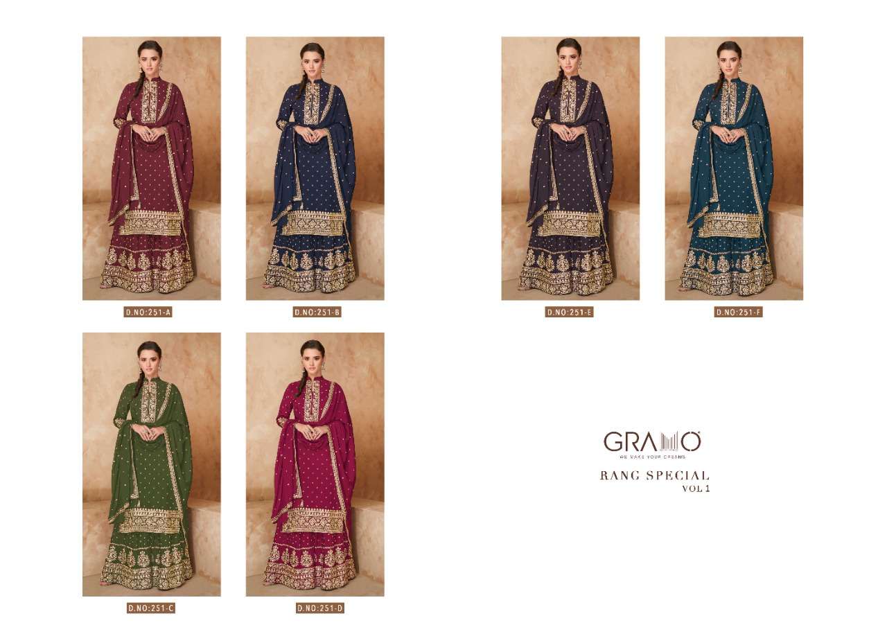 Rang Special Vol-1 By Gramo 251-A To 251-F Series Beautiful Stylish Sharara Suits Fancy Colorful Casual Wear & Ethnic Wear & Ready To Wear Heavy Faux Georgette Dresses At Wholesale Price