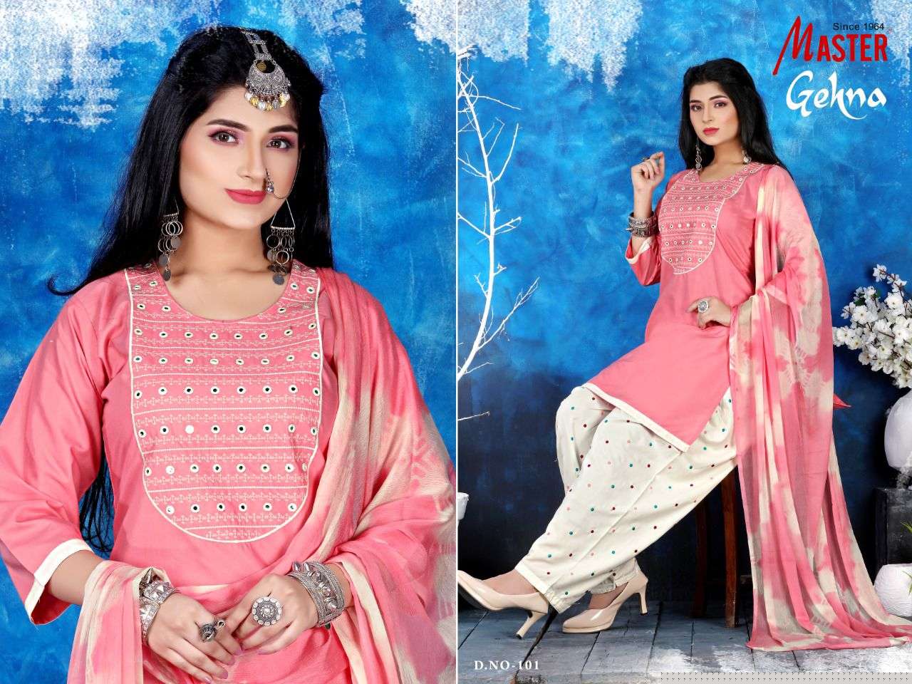 GEHNA BY MASTER 101 TO 108 SERIES BEAUTIFUL PATIYALA SUITS COLORFUL STYLISH FANCY CASUAL WEAR & ETHNIC WEAR COTTON WITH WORK DRESSES AT WHOLESALE PRICE