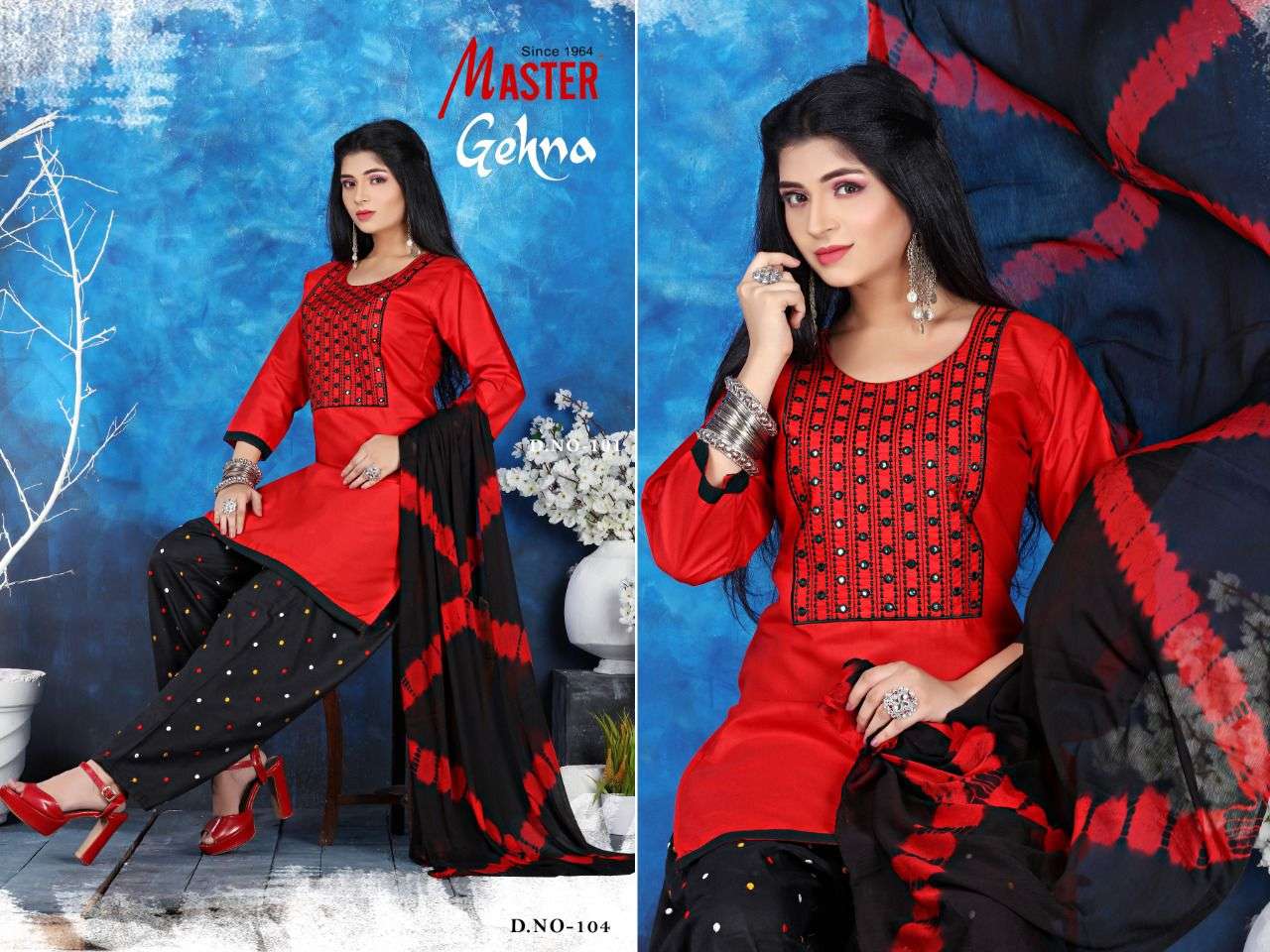 GEHNA BY MASTER 101 TO 108 SERIES BEAUTIFUL PATIYALA SUITS COLORFUL STYLISH FANCY CASUAL WEAR & ETHNIC WEAR COTTON WITH WORK DRESSES AT WHOLESALE PRICE