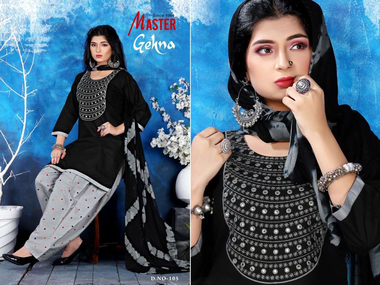 GEHNA BY MASTER 101 TO 108 SERIES BEAUTIFUL PATIYALA SUITS COLORFUL STYLISH FANCY CASUAL WEAR & ETHNIC WEAR COTTON WITH WORK DRESSES AT WHOLESALE PRICE