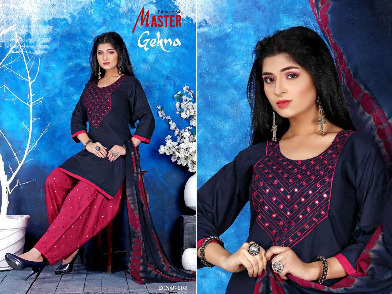 GEHNA BY MASTER 101 TO 108 SERIES BEAUTIFUL PATIYALA SUITS COLORFUL STYLISH FANCY CASUAL WEAR & ETHNIC WEAR COTTON WITH WORK DRESSES AT WHOLESALE PRICE