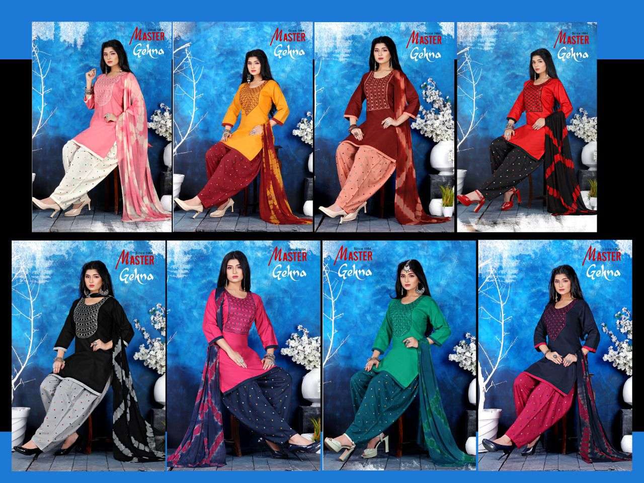 GEHNA BY MASTER 101 TO 108 SERIES BEAUTIFUL PATIYALA SUITS COLORFUL STYLISH FANCY CASUAL WEAR & ETHNIC WEAR COTTON WITH WORK DRESSES AT WHOLESALE PRICE
