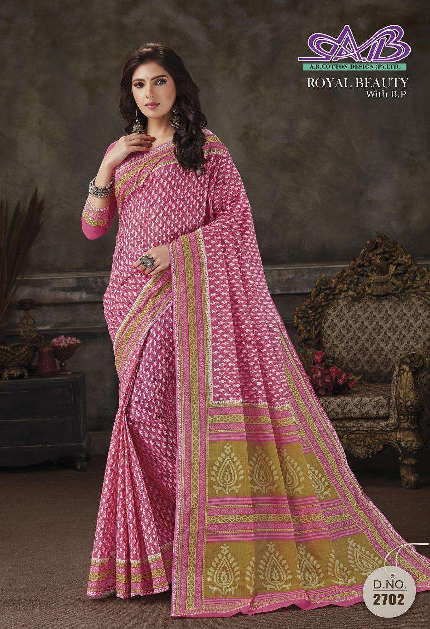ROYAL BEAUTY BY A B FASHION 2700 TO 2714 SERIES INDIAN TRADITIONAL WEAR COLLECTION BEAUTIFUL STYLISH FANCY COLORFUL PARTY WEAR & OCCASIONAL WEAR MAL MAL COTTON SAREES AT WHOLESALE PRICE