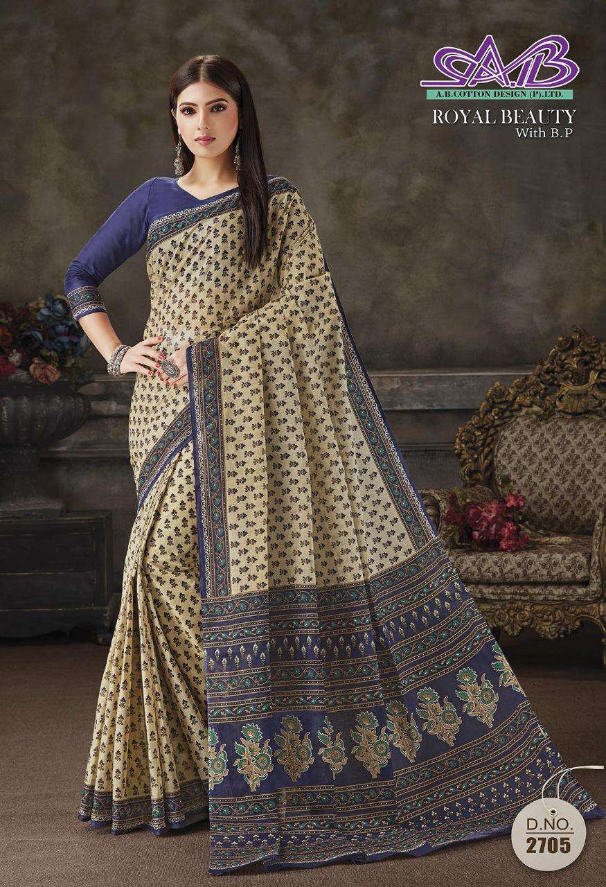 ROYAL BEAUTY BY A B FASHION 2700 TO 2714 SERIES INDIAN TRADITIONAL WEAR COLLECTION BEAUTIFUL STYLISH FANCY COLORFUL PARTY WEAR & OCCASIONAL WEAR MAL MAL COTTON SAREES AT WHOLESALE PRICE