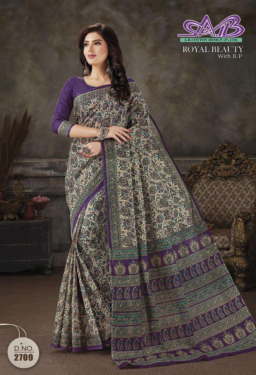 ROYAL BEAUTY BY A B FASHION 2700 TO 2714 SERIES INDIAN TRADITIONAL WEAR COLLECTION BEAUTIFUL STYLISH FANCY COLORFUL PARTY WEAR & OCCASIONAL WEAR MAL MAL COTTON SAREES AT WHOLESALE PRICE