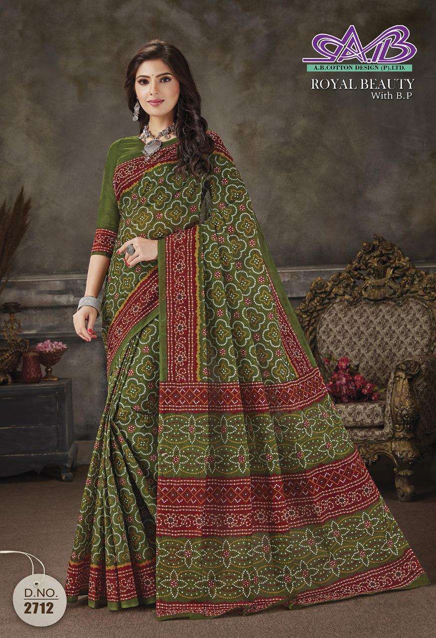 ROYAL BEAUTY BY A B FASHION 2700 TO 2714 SERIES INDIAN TRADITIONAL WEAR COLLECTION BEAUTIFUL STYLISH FANCY COLORFUL PARTY WEAR & OCCASIONAL WEAR MAL MAL COTTON SAREES AT WHOLESALE PRICE