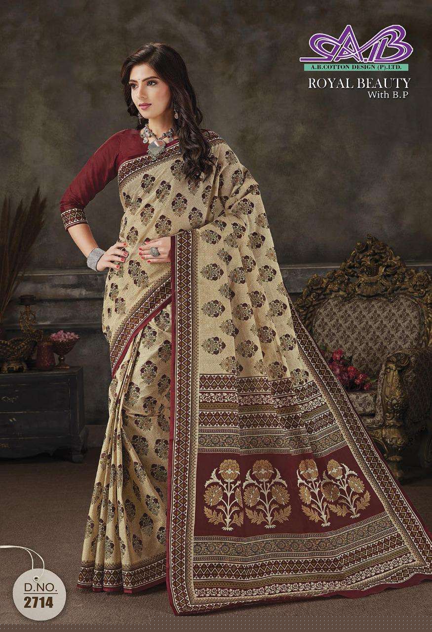 ROYAL BEAUTY BY A B FASHION 2700 TO 2714 SERIES INDIAN TRADITIONAL WEAR COLLECTION BEAUTIFUL STYLISH FANCY COLORFUL PARTY WEAR & OCCASIONAL WEAR MAL MAL COTTON SAREES AT WHOLESALE PRICE