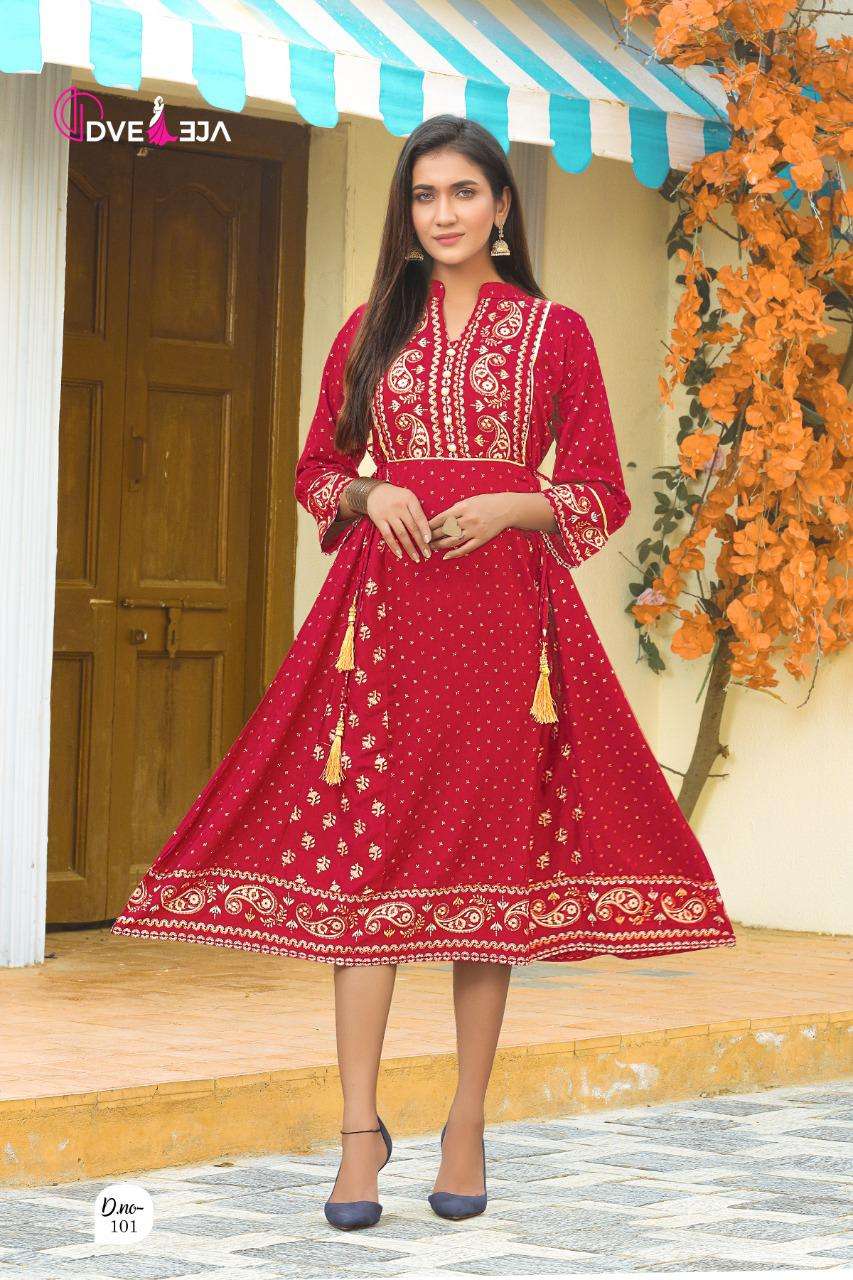 FUSION BY DVEEJA 101 TO 108 SERIES DESIGNER STYLISH FANCY COLORFUL BEAUTIFUL PARTY WEAR & ETHNIC WEAR COLLECTION HEAVY RAYON KURTIS AT WHOLESALE PRICE
