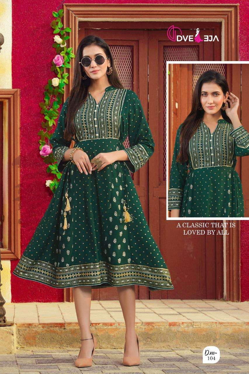 FUSION BY DVEEJA 101 TO 108 SERIES DESIGNER STYLISH FANCY COLORFUL BEAUTIFUL PARTY WEAR & ETHNIC WEAR COLLECTION HEAVY RAYON KURTIS AT WHOLESALE PRICE