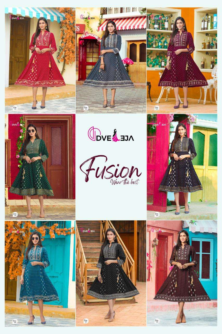 FUSION BY DVEEJA 101 TO 108 SERIES DESIGNER STYLISH FANCY COLORFUL BEAUTIFUL PARTY WEAR & ETHNIC WEAR COLLECTION HEAVY RAYON KURTIS AT WHOLESALE PRICE