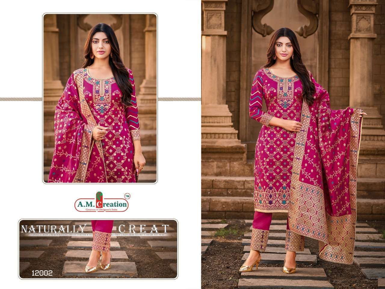 RAJJO VOL-12 BY A.M. CREATION 12001 TO 12006 SERIES BEAUTIFUL SUITS COLORFUL STYLISH FANCY CASUAL WEAR & ETHNIC WEAR JACQUARD SILK DRESSES AT WHOLESALE PRICE