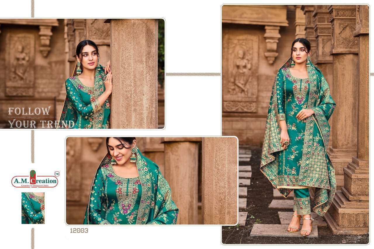 RAJJO VOL-12 BY A.M. CREATION 12001 TO 12006 SERIES BEAUTIFUL SUITS COLORFUL STYLISH FANCY CASUAL WEAR & ETHNIC WEAR JACQUARD SILK DRESSES AT WHOLESALE PRICE