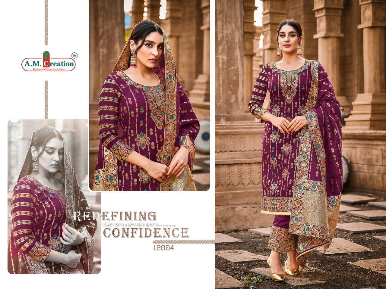 RAJJO VOL-12 BY A.M. CREATION 12001 TO 12006 SERIES BEAUTIFUL SUITS COLORFUL STYLISH FANCY CASUAL WEAR & ETHNIC WEAR JACQUARD SILK DRESSES AT WHOLESALE PRICE
