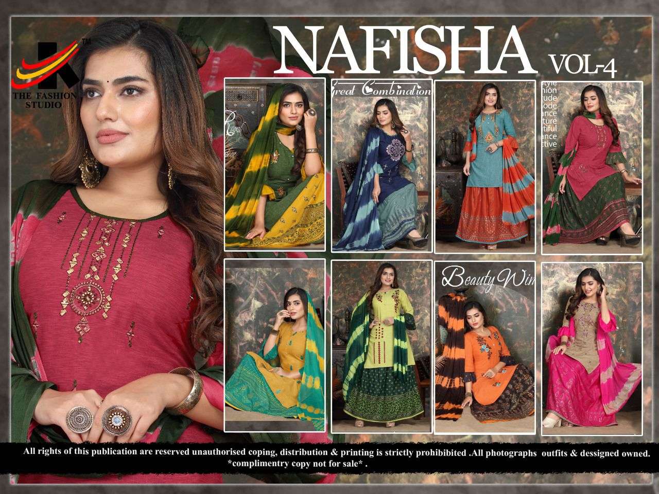 NAFISHA VOL-4 BY THE FASHION STUDIO 3001 TO 3008 SERIES BEAUTIFUL STYLISH SHARARA SUITS FANCY COLORFUL CASUAL WEAR & ETHNIC WEAR & READY TO WEAR HEAVY RAYON EMBROIDERED DRESSES AT WHOLESALE PRICE