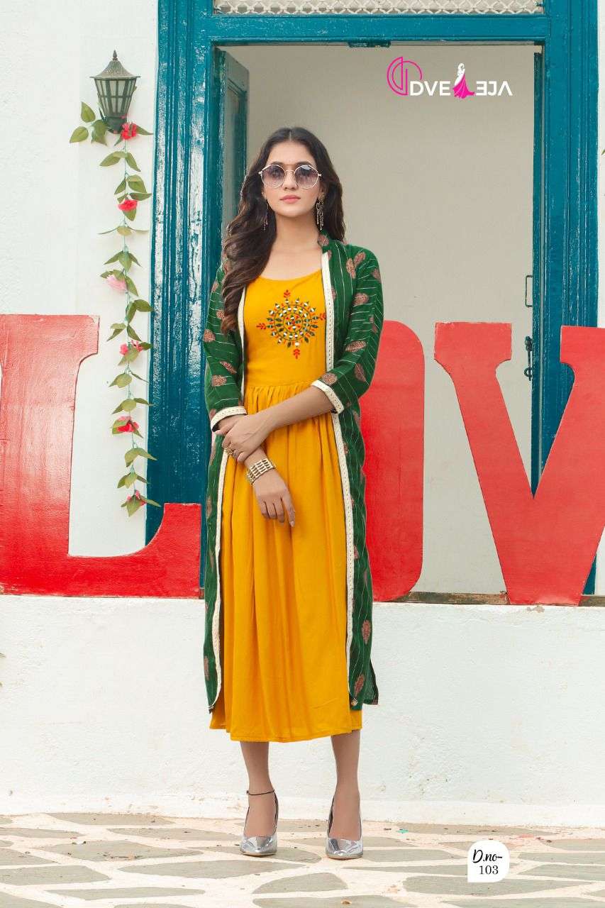 ATTRACTION BY DVEEJA 101 TO 108 SERIES DESIGNER STYLISH FANCY COLORFUL BEAUTIFUL PARTY WEAR & ETHNIC WEAR COLLECTION HEAVY RAYON KURTIS AT WHOLESALE PRICE