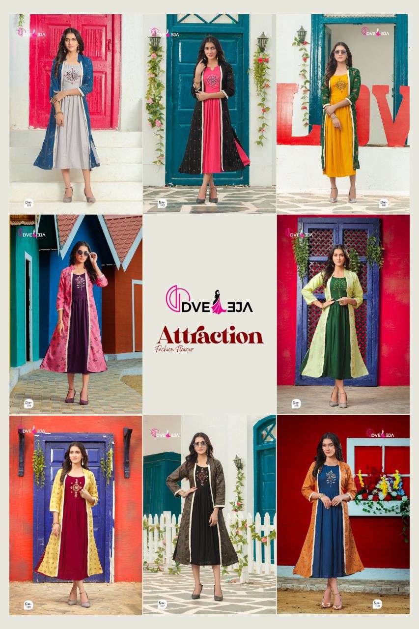 ATTRACTION BY DVEEJA 101 TO 108 SERIES DESIGNER STYLISH FANCY COLORFUL BEAUTIFUL PARTY WEAR & ETHNIC WEAR COLLECTION HEAVY RAYON KURTIS AT WHOLESALE PRICE