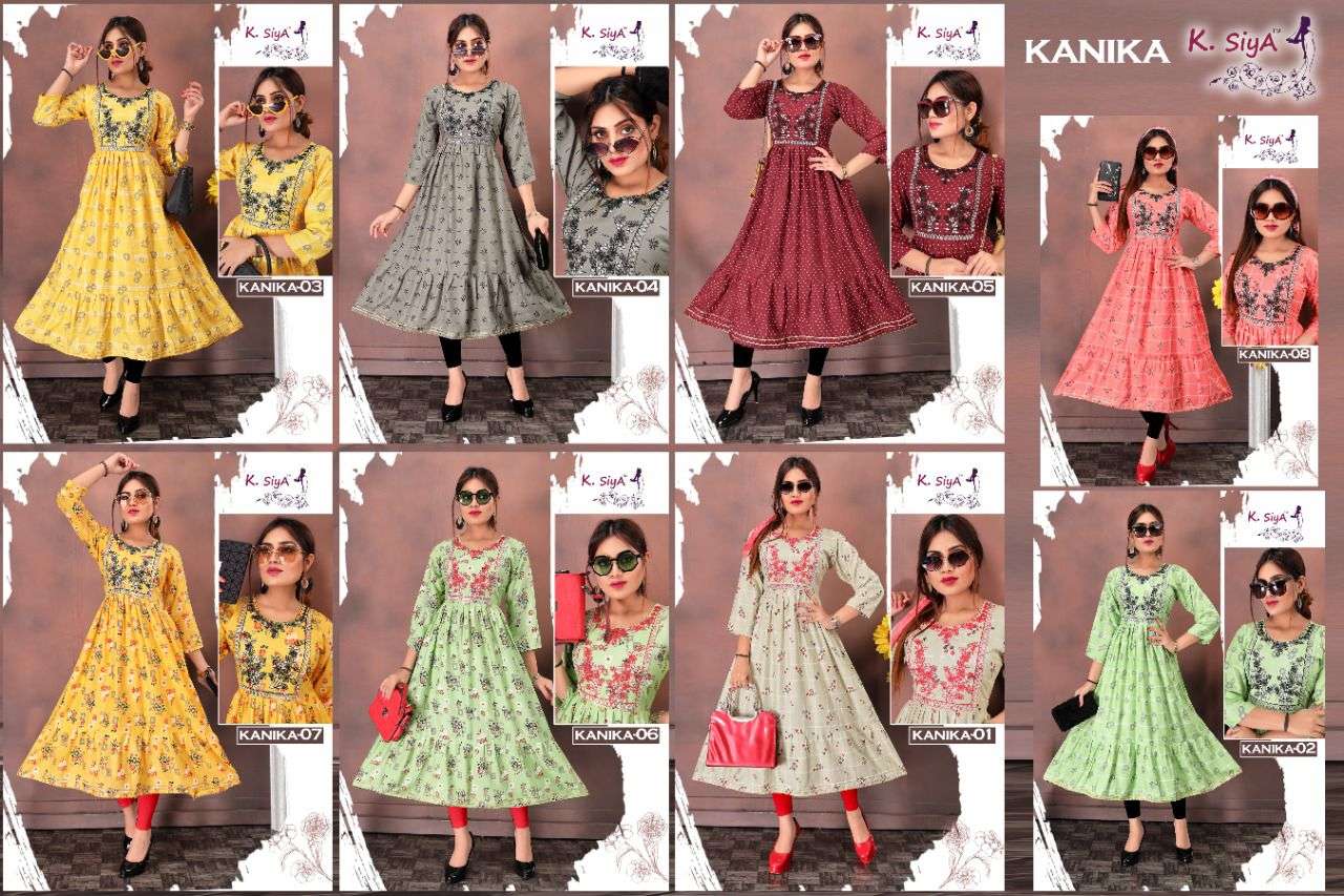 KANIKA BY K.SIYA 01 TO 08 SERIES DESIGNER STYLISH FANCY COLORFUL BEAUTIFUL PARTY WEAR & ETHNIC WEAR COLLECTION RAYON PRINT KURTIS AT WHOLESALE PRICE