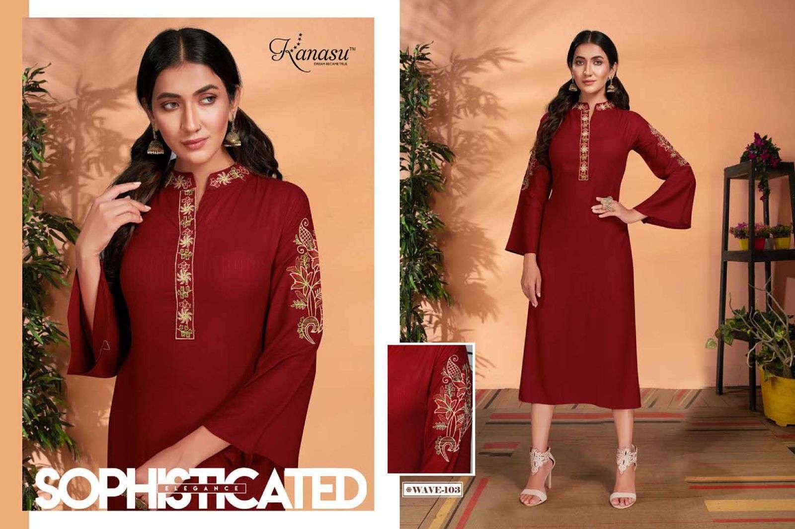 WAVE BY KANASU 101 TO 108 SERIES DESIGNER STYLISH FANCY COLORFUL BEAUTIFUL PARTY WEAR & ETHNIC WEAR COLLECTION RAYON WITH WORK KURTIS AT WHOLESALE PRICE