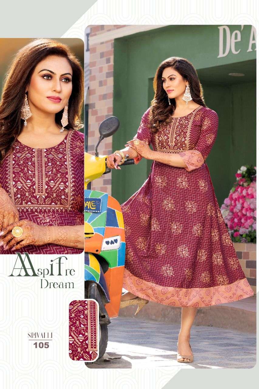SRIVALLI BY AKHAND JYOT 101 TO 108 SERIES DESIGNER STYLISH FANCY COLORFUL BEAUTIFUL PARTY WEAR & ETHNIC WEAR COLLECTION RAYON GOLD PRINT KURTIS AT WHOLESALE PRICE