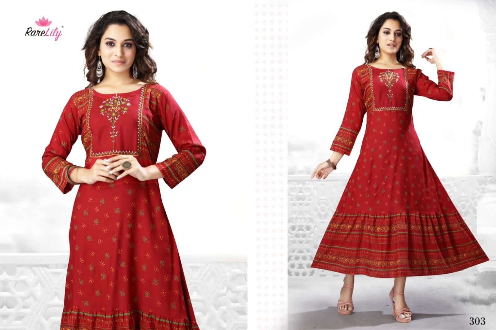 PRISHA BY RARE LILY 303 TO 309 SERIES DESIGNER STYLISH FANCY COLORFUL BEAUTIFUL PARTY WEAR & ETHNIC WEAR COLLECTION RAYON PRINT KURTIS AT WHOLESALE PRICE