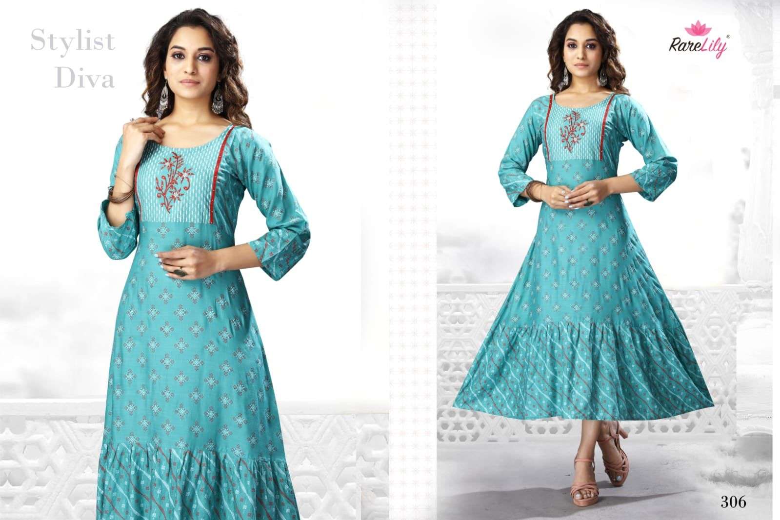 PRISHA BY RARE LILY 303 TO 309 SERIES DESIGNER STYLISH FANCY COLORFUL BEAUTIFUL PARTY WEAR & ETHNIC WEAR COLLECTION RAYON PRINT KURTIS AT WHOLESALE PRICE