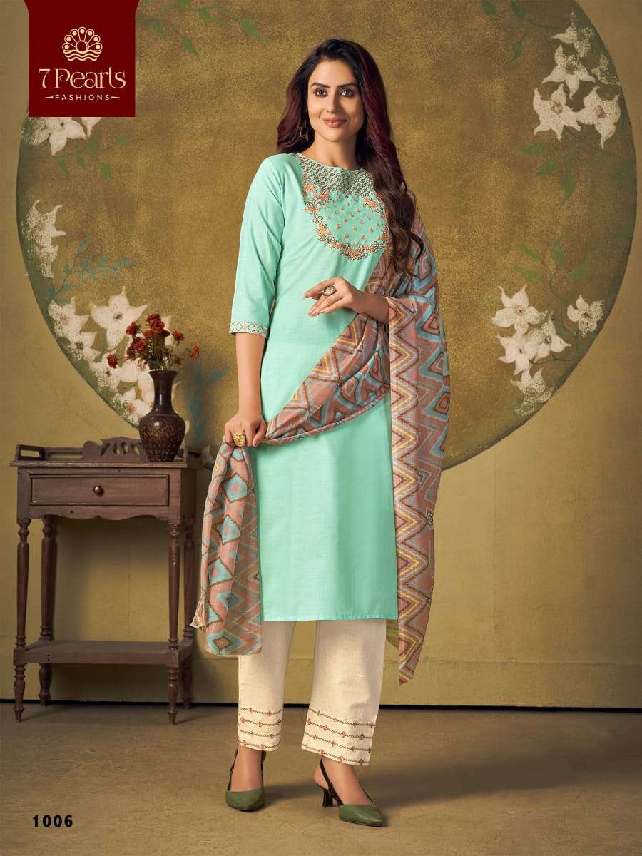 ELEGANCE BY 7 PEARLS 1001 TO 1006 SERIES BEAUTIFUL SUITS COLORFUL STYLISH FANCY CASUAL WEAR & ETHNIC WEAR COTTON EMBROIDERED DRESSES AT WHOLESALE PRICE