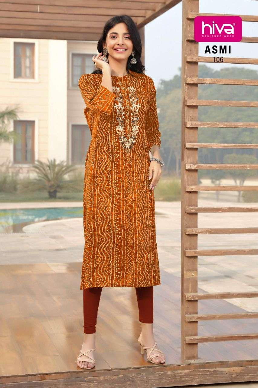 ASMI BY HIVA 101 TO 106 SERIES DESIGNER STYLISH FANCY COLORFUL BEAUTIFUL PARTY WEAR & ETHNIC WEAR COLLECTION RAYON PRINT KURTIS AT WHOLESALE PRICE
