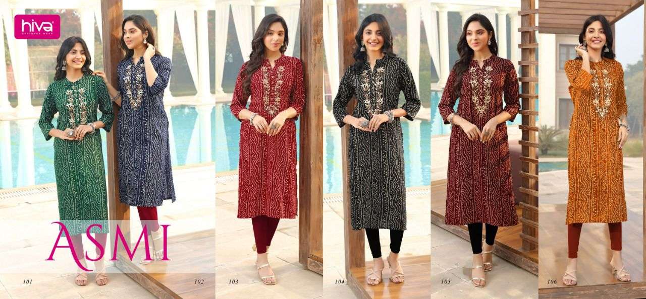ASMI BY HIVA 101 TO 106 SERIES DESIGNER STYLISH FANCY COLORFUL BEAUTIFUL PARTY WEAR & ETHNIC WEAR COLLECTION RAYON PRINT KURTIS AT WHOLESALE PRICE
