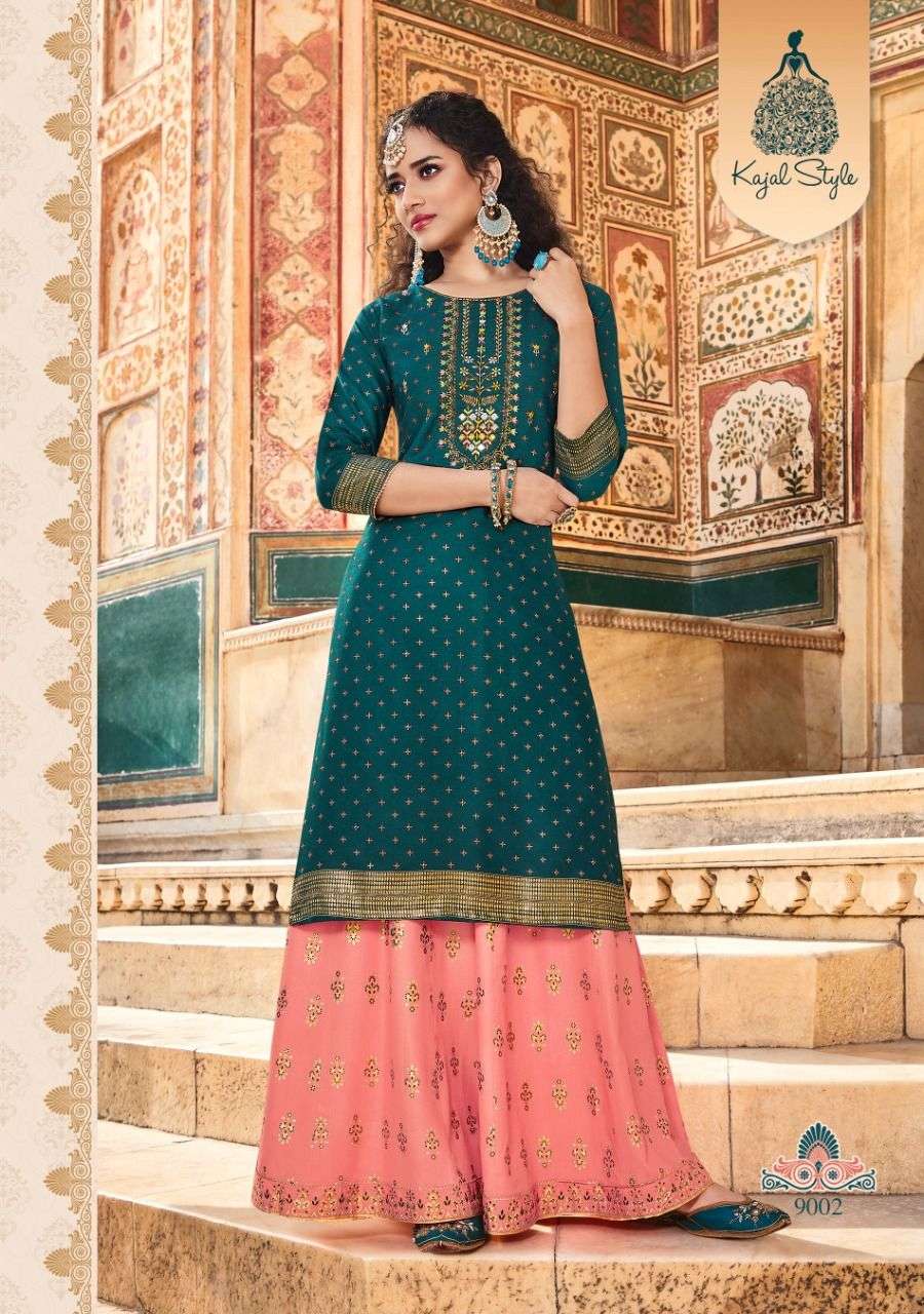 FASHION LABEL VOL-9 BY KAJAL STYLE 9001 TO 9006 SERIES BEAUTIFUL COLORFUL STYLISH FANCY PARTY WEAR & ETHNIC WEAR & READY TO WEAR HEAVY RAYON EMBROIDERED KURTIS WITH BOTTOM AT WHOLESALE PRICE