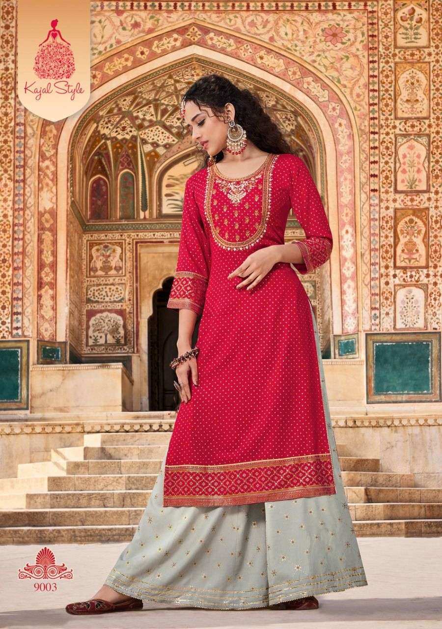 FASHION LABEL VOL-9 BY KAJAL STYLE 9001 TO 9006 SERIES BEAUTIFUL COLORFUL STYLISH FANCY PARTY WEAR & ETHNIC WEAR & READY TO WEAR HEAVY RAYON EMBROIDERED KURTIS WITH BOTTOM AT WHOLESALE PRICE