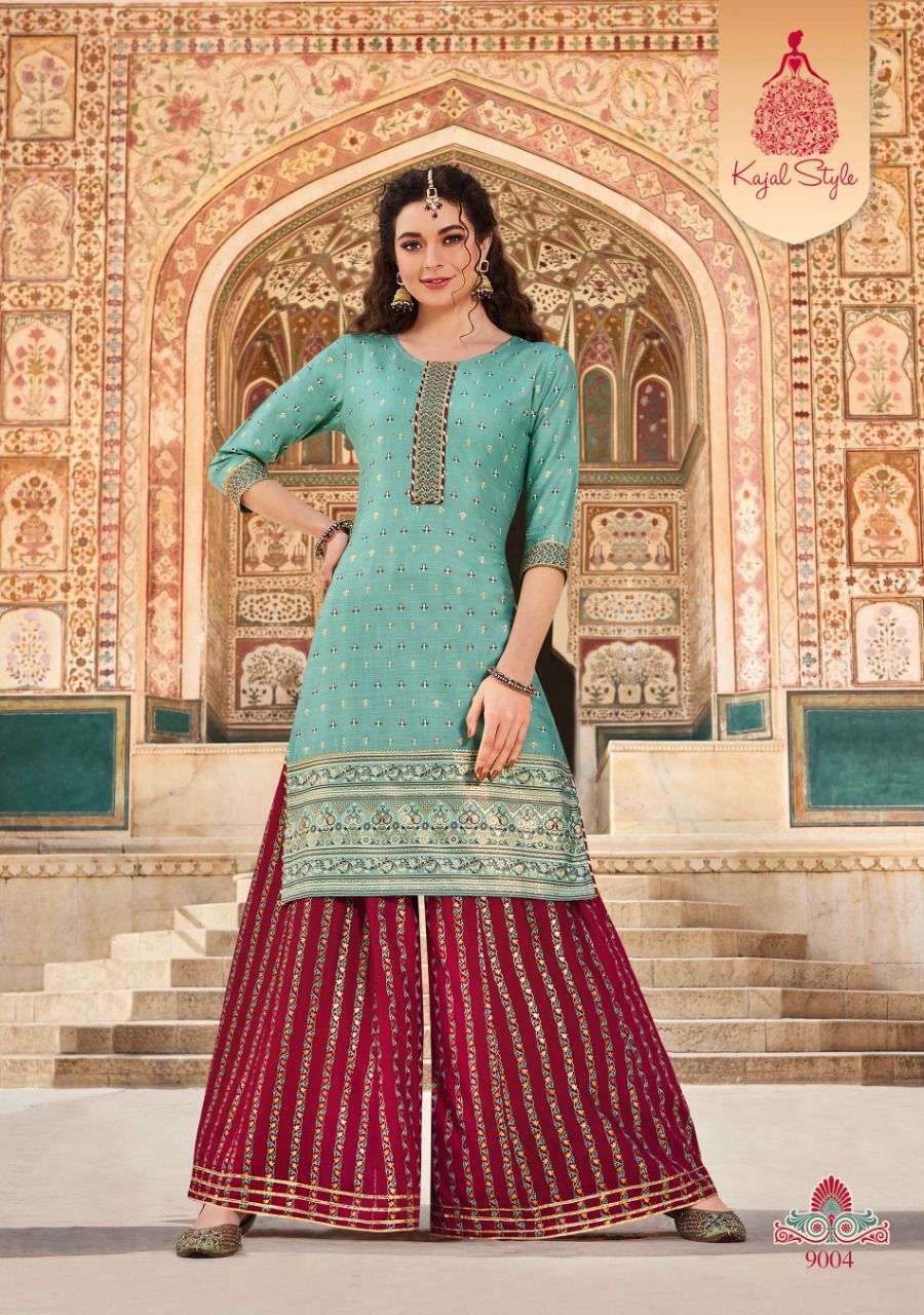 FASHION LABEL VOL-9 BY KAJAL STYLE 9001 TO 9006 SERIES BEAUTIFUL COLORFUL STYLISH FANCY PARTY WEAR & ETHNIC WEAR & READY TO WEAR HEAVY RAYON EMBROIDERED KURTIS WITH BOTTOM AT WHOLESALE PRICE