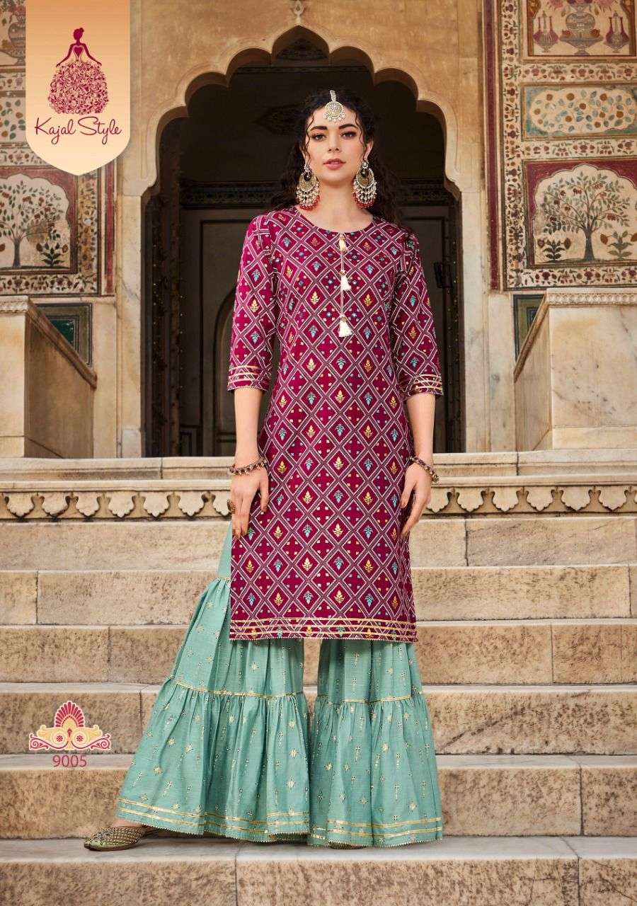 FASHION LABEL VOL-9 BY KAJAL STYLE 9001 TO 9006 SERIES BEAUTIFUL COLORFUL STYLISH FANCY PARTY WEAR & ETHNIC WEAR & READY TO WEAR HEAVY RAYON EMBROIDERED KURTIS WITH BOTTOM AT WHOLESALE PRICE