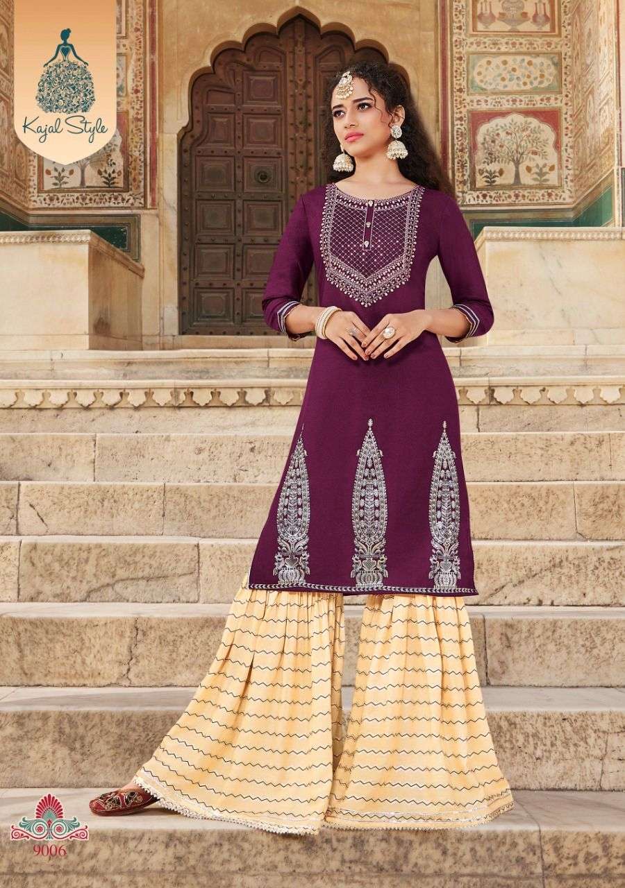 FASHION LABEL VOL-9 BY KAJAL STYLE 9001 TO 9006 SERIES BEAUTIFUL COLORFUL STYLISH FANCY PARTY WEAR & ETHNIC WEAR & READY TO WEAR HEAVY RAYON EMBROIDERED KURTIS WITH BOTTOM AT WHOLESALE PRICE