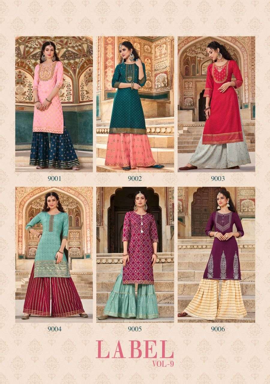 FASHION LABEL VOL-9 BY KAJAL STYLE 9001 TO 9006 SERIES BEAUTIFUL COLORFUL STYLISH FANCY PARTY WEAR & ETHNIC WEAR & READY TO WEAR HEAVY RAYON EMBROIDERED KURTIS WITH BOTTOM AT WHOLESALE PRICE