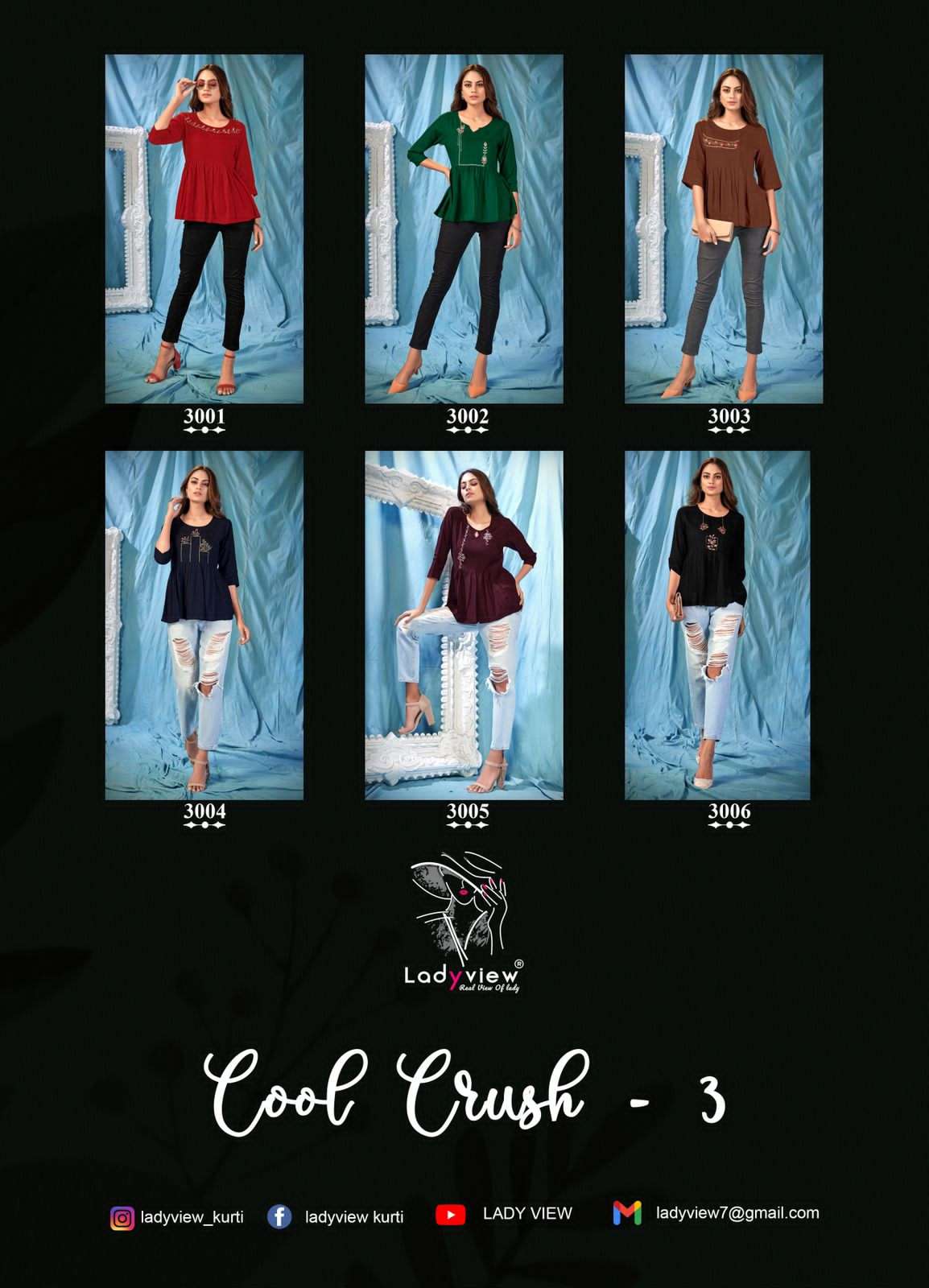 COOL CRUSH VOl-3 BY LADY VIEW 3001 TO 3006 SERIES DESIGNER STYLISH FANCY COLORFUL BEAUTIFUL PARTY WEAR & ETHNIC WEAR COLLECTION RAYON EMBROIDERY TOPS AT WHOLESALE PRICE