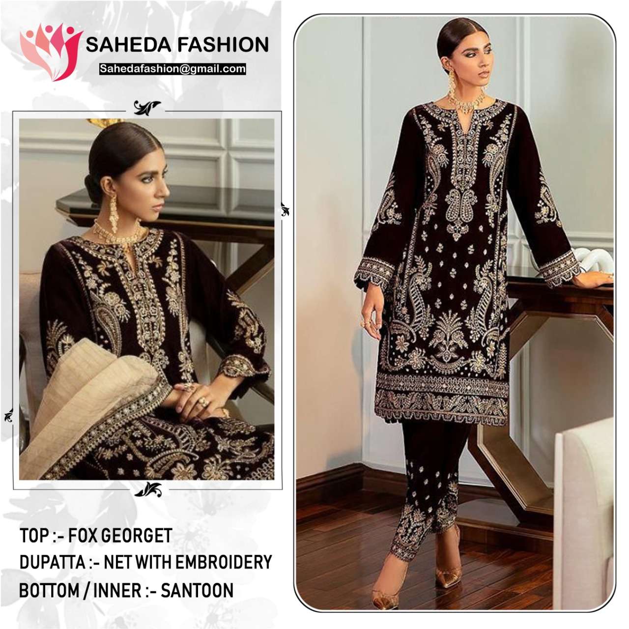 SAHEDA 121 COLOURS BY SAHEDA FASHOIN 121-B TO 121-D SERIES DESIGNER PAKISTANI SUITS BEAUTIFUL STYLISH FANCY COLORFUL PARTY WEAR & OCCASIONAL WEAR GEORGETTE EMBROIDERED DRESSES AT WHOLESALE PRICE