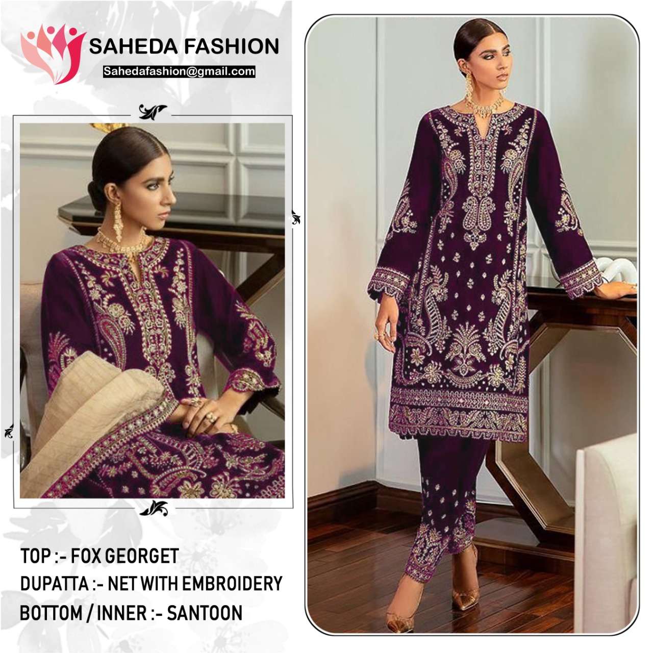 SAHEDA 121 COLOURS BY SAHEDA FASHOIN 121-B TO 121-D SERIES DESIGNER PAKISTANI SUITS BEAUTIFUL STYLISH FANCY COLORFUL PARTY WEAR & OCCASIONAL WEAR GEORGETTE EMBROIDERED DRESSES AT WHOLESALE PRICE