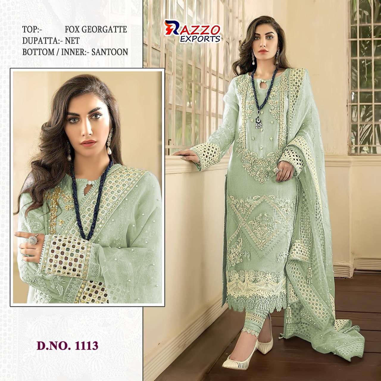 RAZZO VOL-4 HIT COLLECTION BY RAZZO EXPORTS 1113 TO 1116 SERIES DESIGNER BEAUTIFUL STYLISH PAKISATNI SUITS FANCY COLORFUL CASUAL WEAR & ETHNIC WEAR & READY TO WEAR FAUX GEORGETTE EMBROIDERY DRESSES AT WHOLESALE PRICE