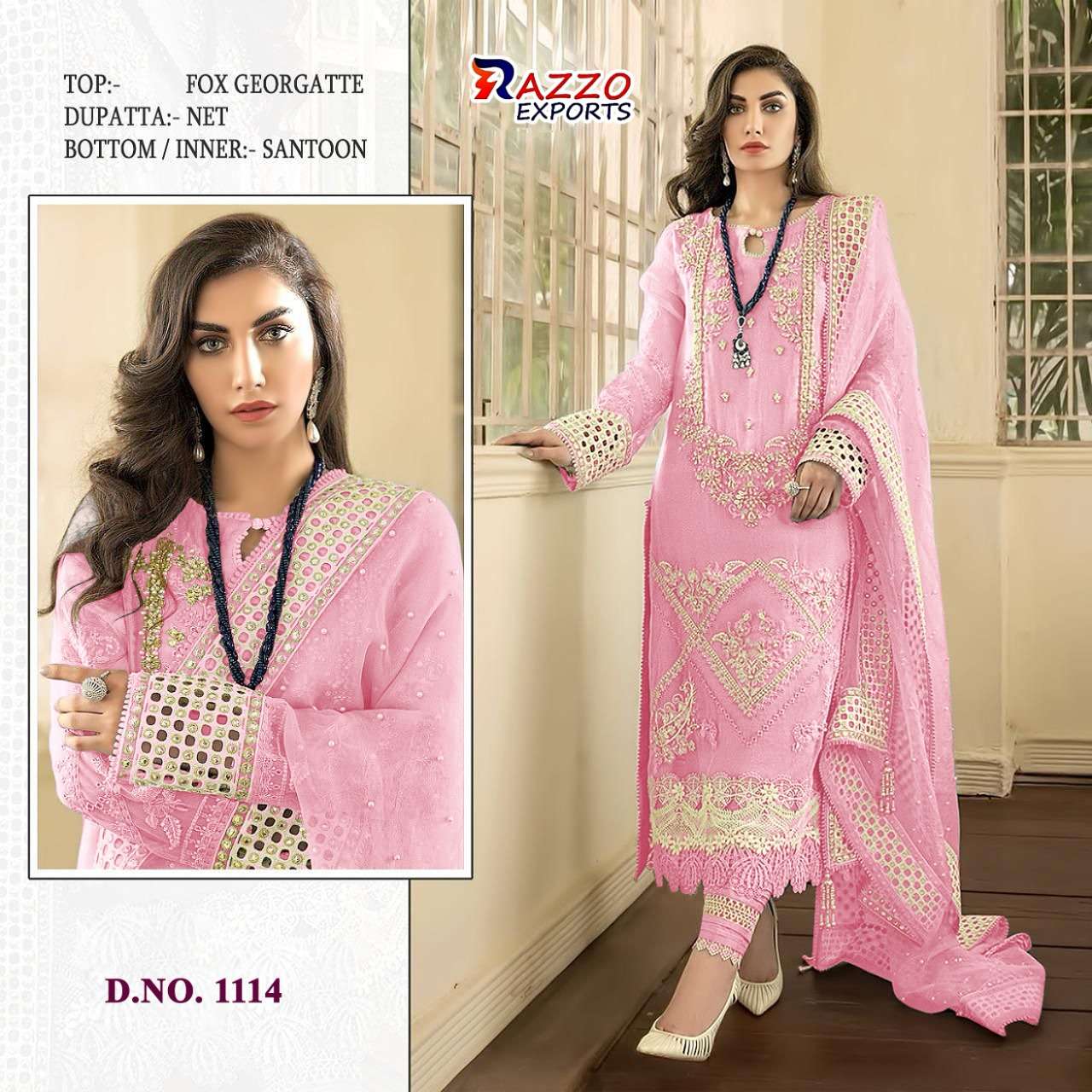 RAZZO VOL-4 HIT COLLECTION BY RAZZO EXPORTS 1113 TO 1116 SERIES DESIGNER BEAUTIFUL STYLISH PAKISATNI SUITS FANCY COLORFUL CASUAL WEAR & ETHNIC WEAR & READY TO WEAR FAUX GEORGETTE EMBROIDERY DRESSES AT WHOLESALE PRICE
