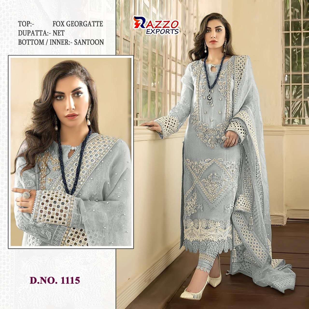 RAZZO VOL-4 HIT COLLECTION BY RAZZO EXPORTS 1113 TO 1116 SERIES DESIGNER BEAUTIFUL STYLISH PAKISATNI SUITS FANCY COLORFUL CASUAL WEAR & ETHNIC WEAR & READY TO WEAR FAUX GEORGETTE EMBROIDERY DRESSES AT WHOLESALE PRICE