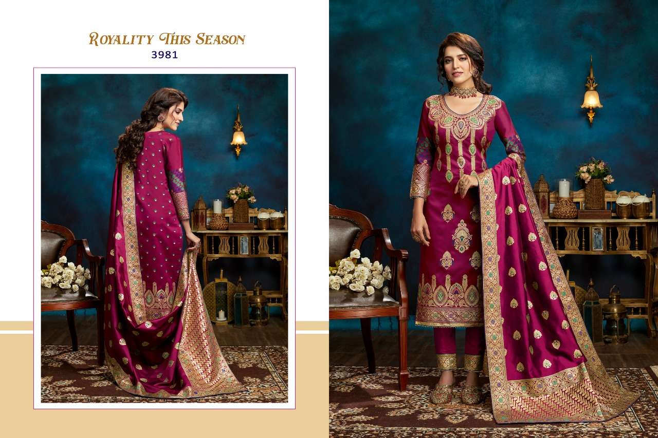 RAJJO VOL-13 BY A.M. CREATION 3981 TO 3985 SERIES BEAUTIFUL SUITS COLORFUL STYLISH FANCY CASUAL WEAR & ETHNIC WEAR JACQUARD SILK DRESSES AT WHOLESALE PRICE