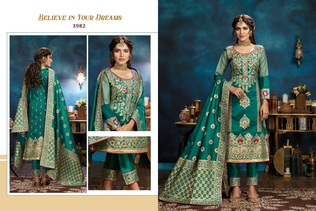 RAJJO VOL-13 BY A.M. CREATION 3981 TO 3985 SERIES BEAUTIFUL SUITS COLORFUL STYLISH FANCY CASUAL WEAR & ETHNIC WEAR JACQUARD SILK DRESSES AT WHOLESALE PRICE