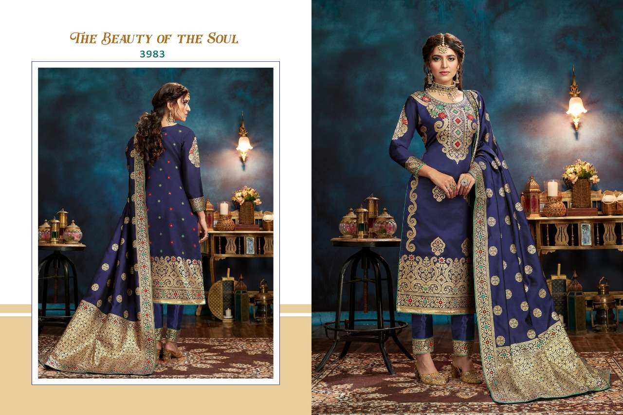RAJJO VOL-13 BY A.M. CREATION 3981 TO 3985 SERIES BEAUTIFUL SUITS COLORFUL STYLISH FANCY CASUAL WEAR & ETHNIC WEAR JACQUARD SILK DRESSES AT WHOLESALE PRICE