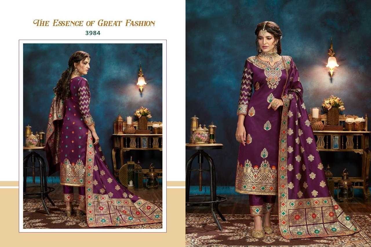 RAJJO VOL-13 BY A.M. CREATION 3981 TO 3985 SERIES BEAUTIFUL SUITS COLORFUL STYLISH FANCY CASUAL WEAR & ETHNIC WEAR JACQUARD SILK DRESSES AT WHOLESALE PRICE