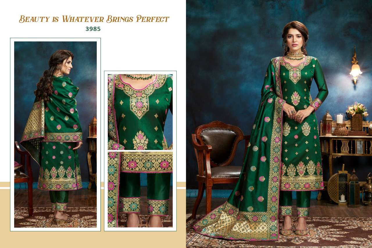 RAJJO VOL-13 BY A.M. CREATION 3981 TO 3985 SERIES BEAUTIFUL SUITS COLORFUL STYLISH FANCY CASUAL WEAR & ETHNIC WEAR JACQUARD SILK DRESSES AT WHOLESALE PRICE