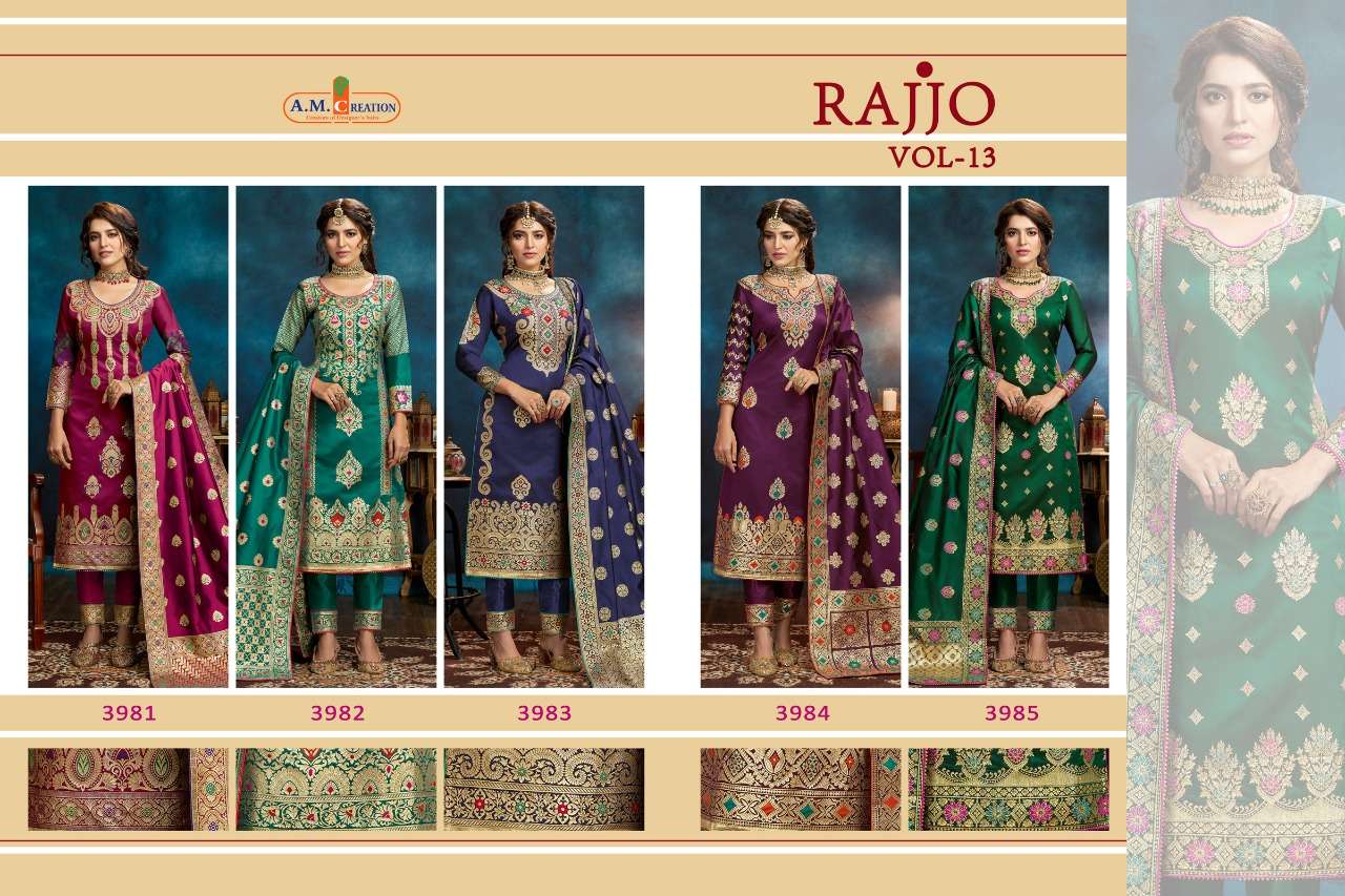 RAJJO VOL-13 BY A.M. CREATION 3981 TO 3985 SERIES BEAUTIFUL SUITS COLORFUL STYLISH FANCY CASUAL WEAR & ETHNIC WEAR JACQUARD SILK DRESSES AT WHOLESALE PRICE