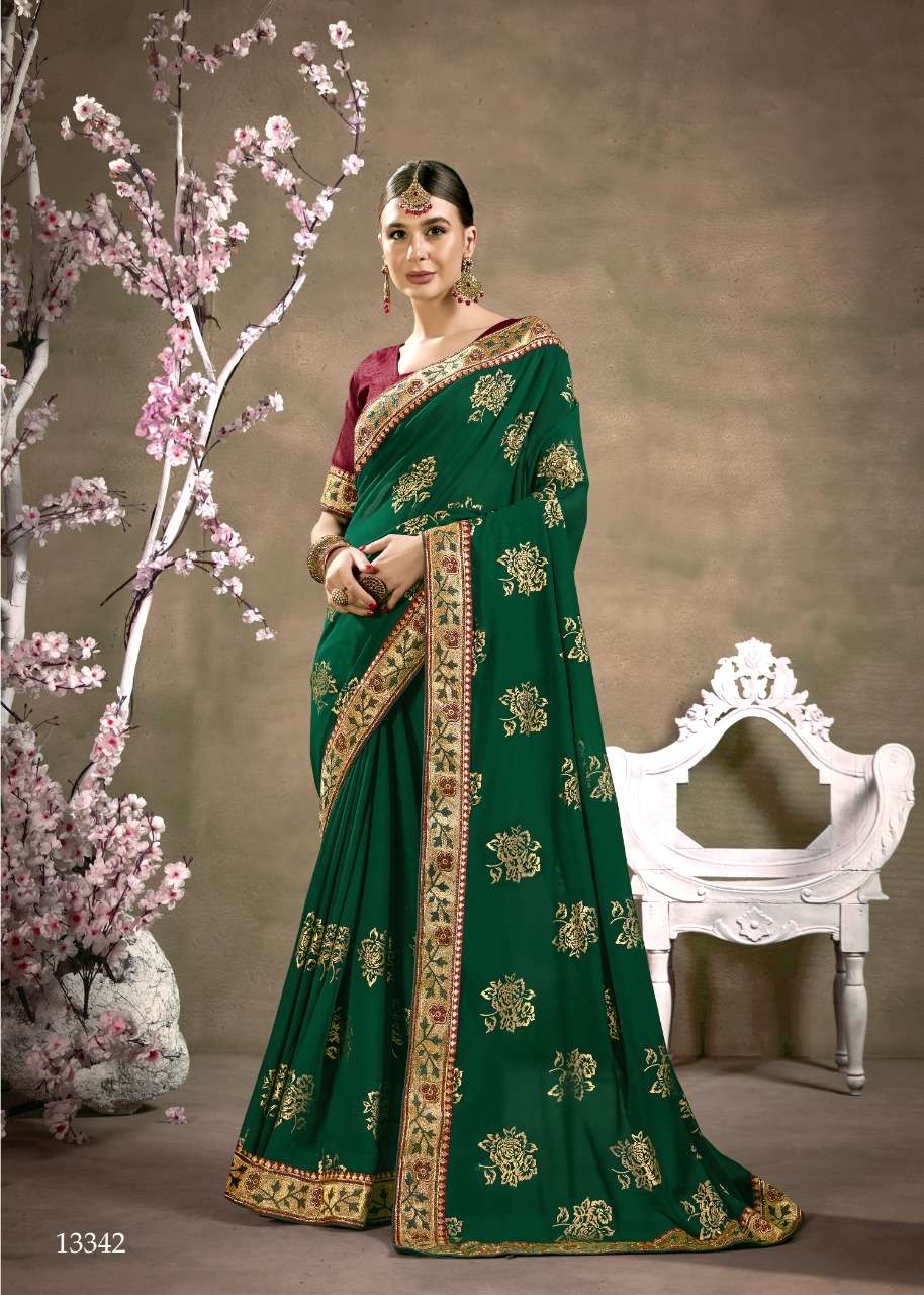 KESHVI BY VALLABHI PRINTS 13341 TO 13348 SERIES INDIAN TRADITIONAL WEAR COLLECTION BEAUTIFUL STYLISH FANCY COLORFUL PARTY WEAR & OCCASIONAL WEAR GEORGETTE FOIL PRINT SAREES AT WHOLESALE PRICE